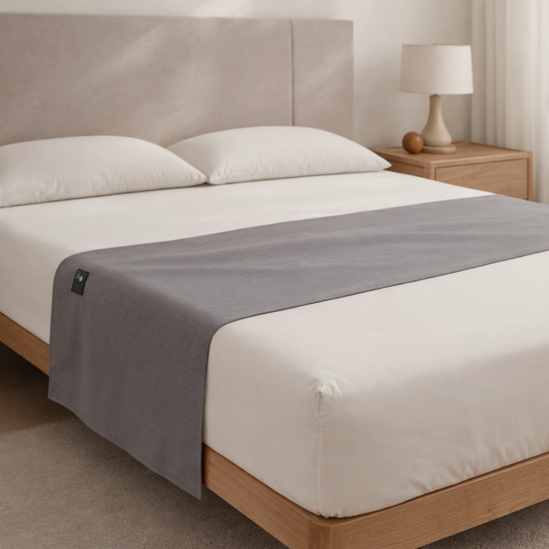 eingewebte Silberfäden ~ Feine Silberfäden bilden ein leitfähiges Gitternetz im Stoff. Sie ermöglichen den direkten Kontakt zur Erde und sorgen dafür, dass freie Erdelektronen über das Tuch im Körper aufgenommen werden können. Ganz natürlich und sanft, wie beim Barfußlaufen.