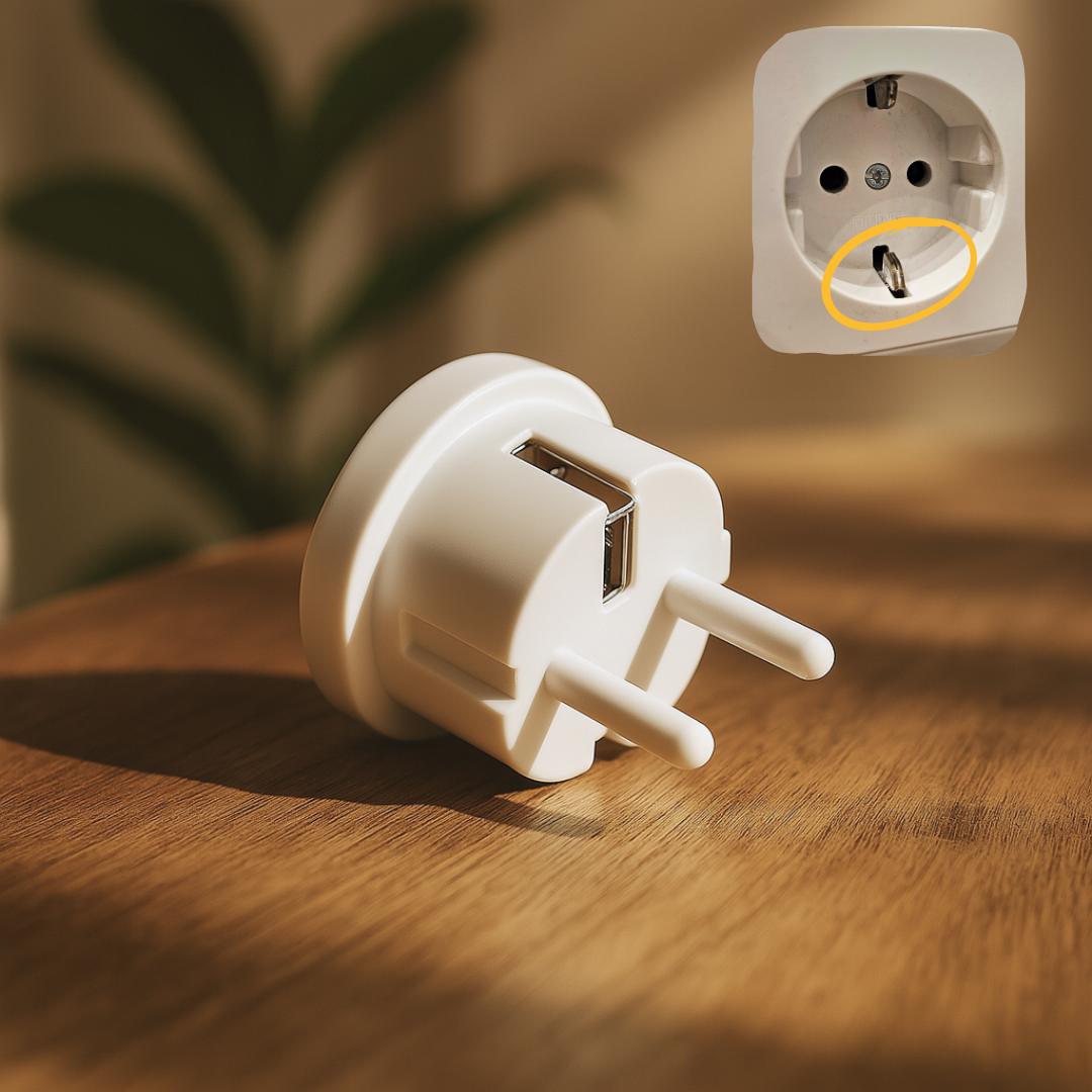 Sicherer Erdungskontakt ~ Der Adapter nutzt ausschließlich den Erdungskontakt der Steckdose – es fließt kein Strom. Er stellt lediglich die Verbindung zum Erdpotential her und ist dadurch sicher und leicht anzuwenden.